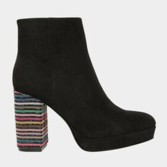 Betsey Johnson Shoes - Betsey Johnson suede like black boots with rainbow crystal heels, size 8
